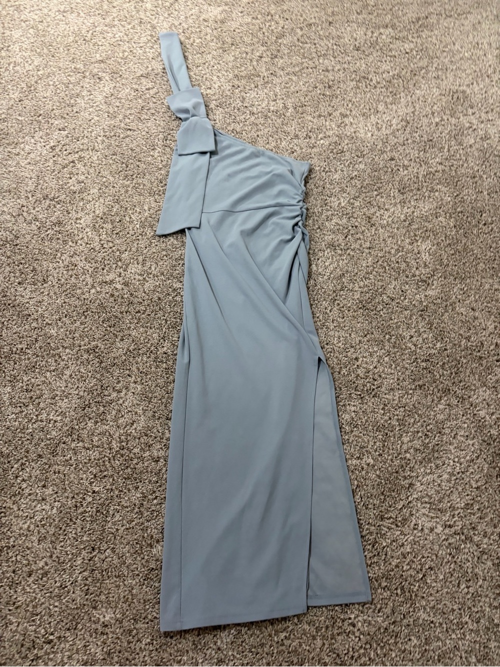 One-Shoulder Sky Blue Evening Gown with Shoulder Bow